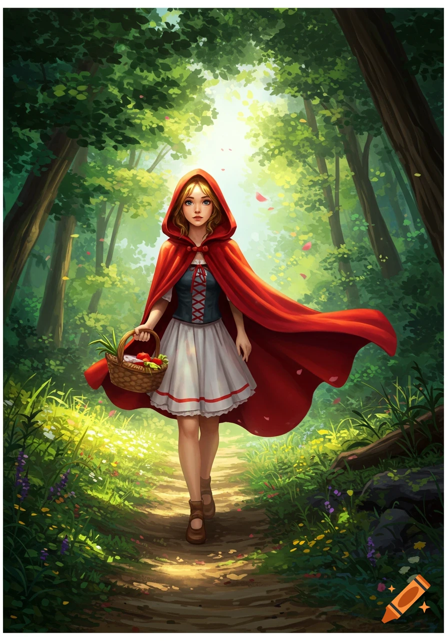 Little Red Riding Hood walking through a sunlit, vibrant green forest, carrying a basket.