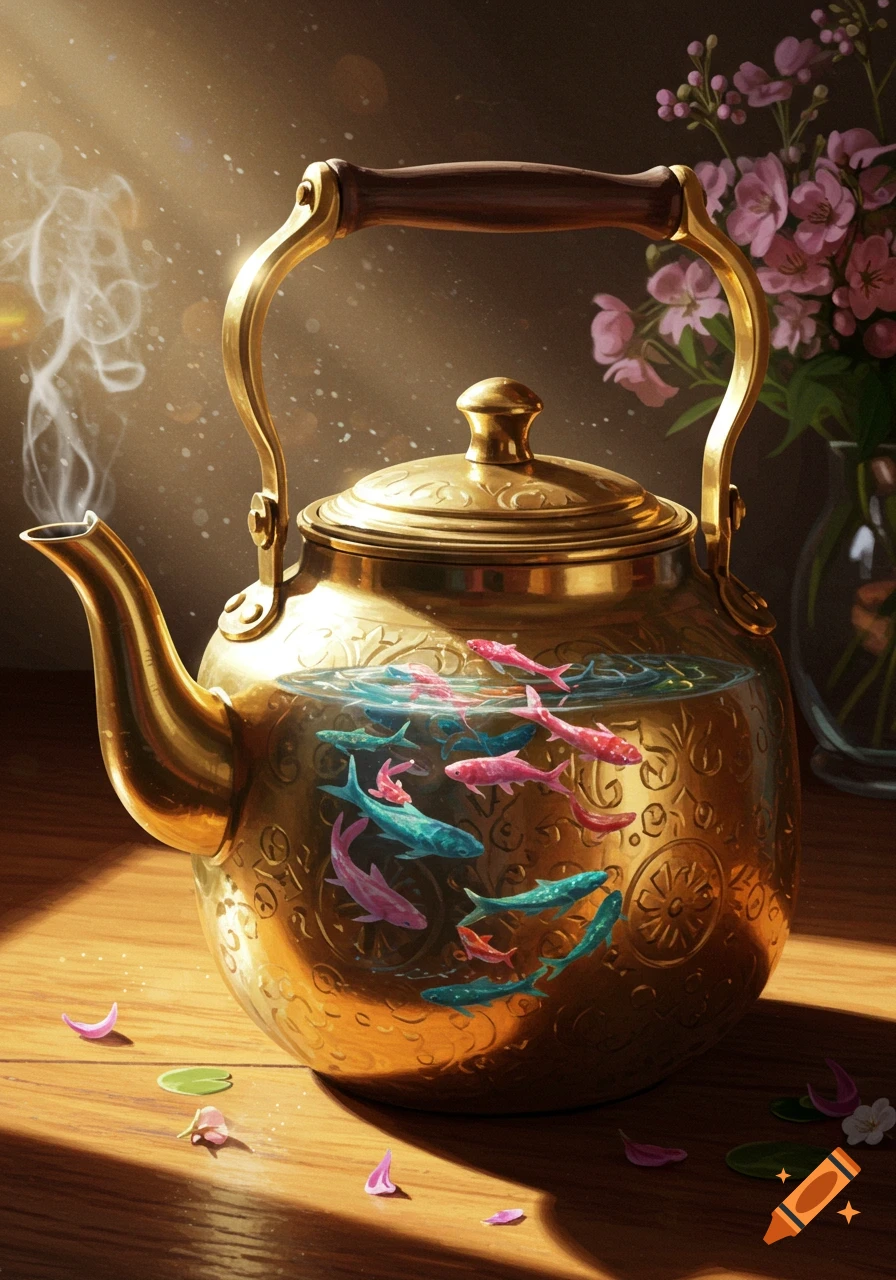 An ornate golden kettle with water and colorful fish inside, steam rising from its spout, on a wooden table with flower petals, and flowers in the background.