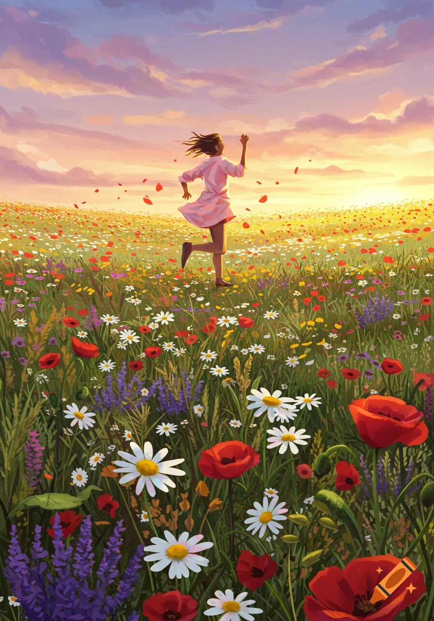 A person runs through a vibrant field of wildflowers under a colorful sunset sky, digital painting.