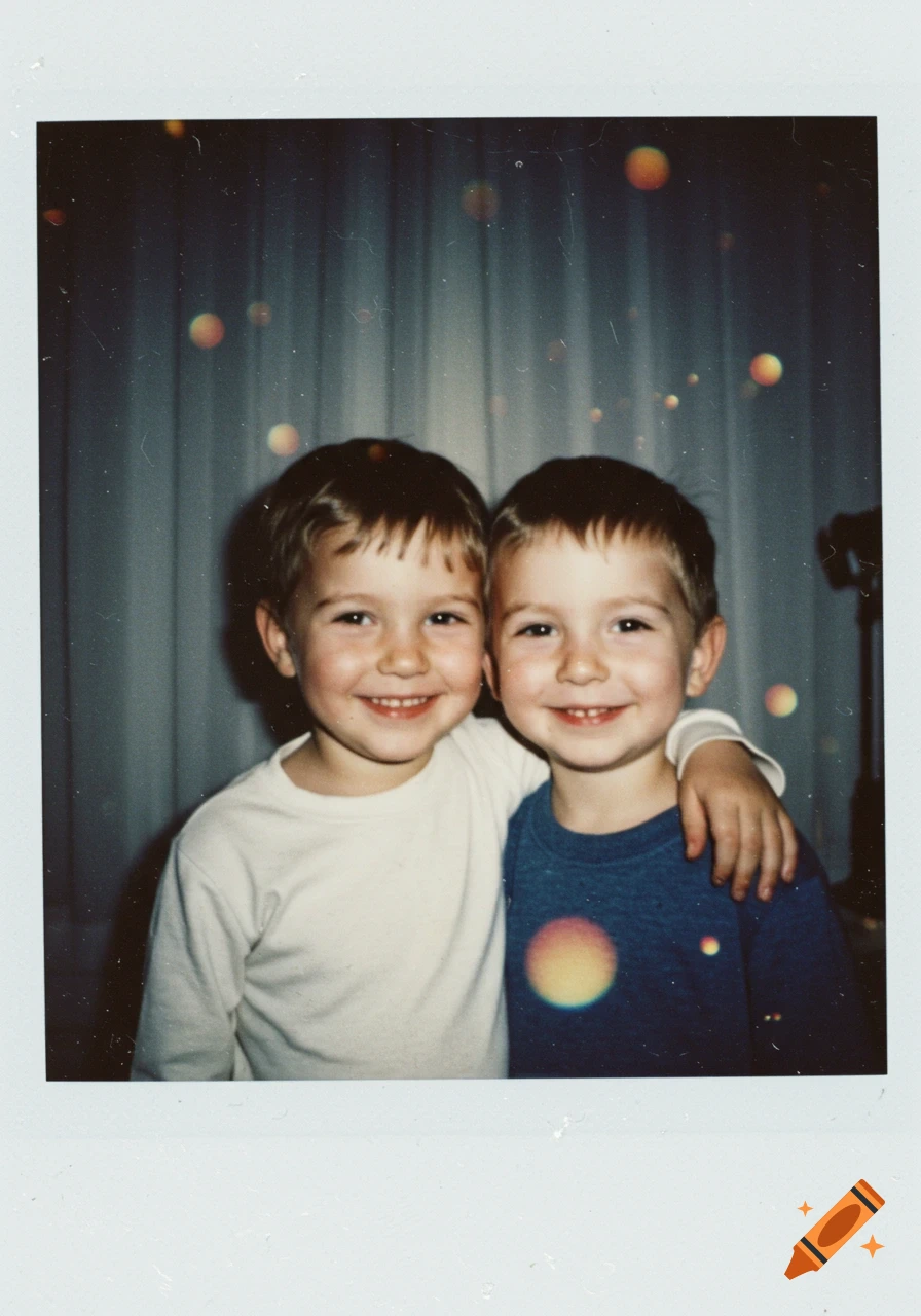 Two young boys with short hair hug and smile in a vintage-style Polaroid photo with light orbs.