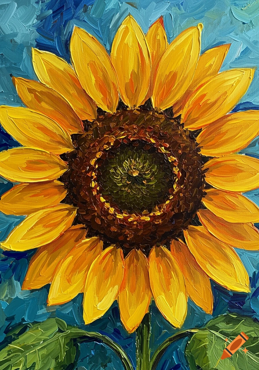 An abstract expressionist oil painting depicts a vibrant yellow sunflower with a dark brown center against a bright blue background.