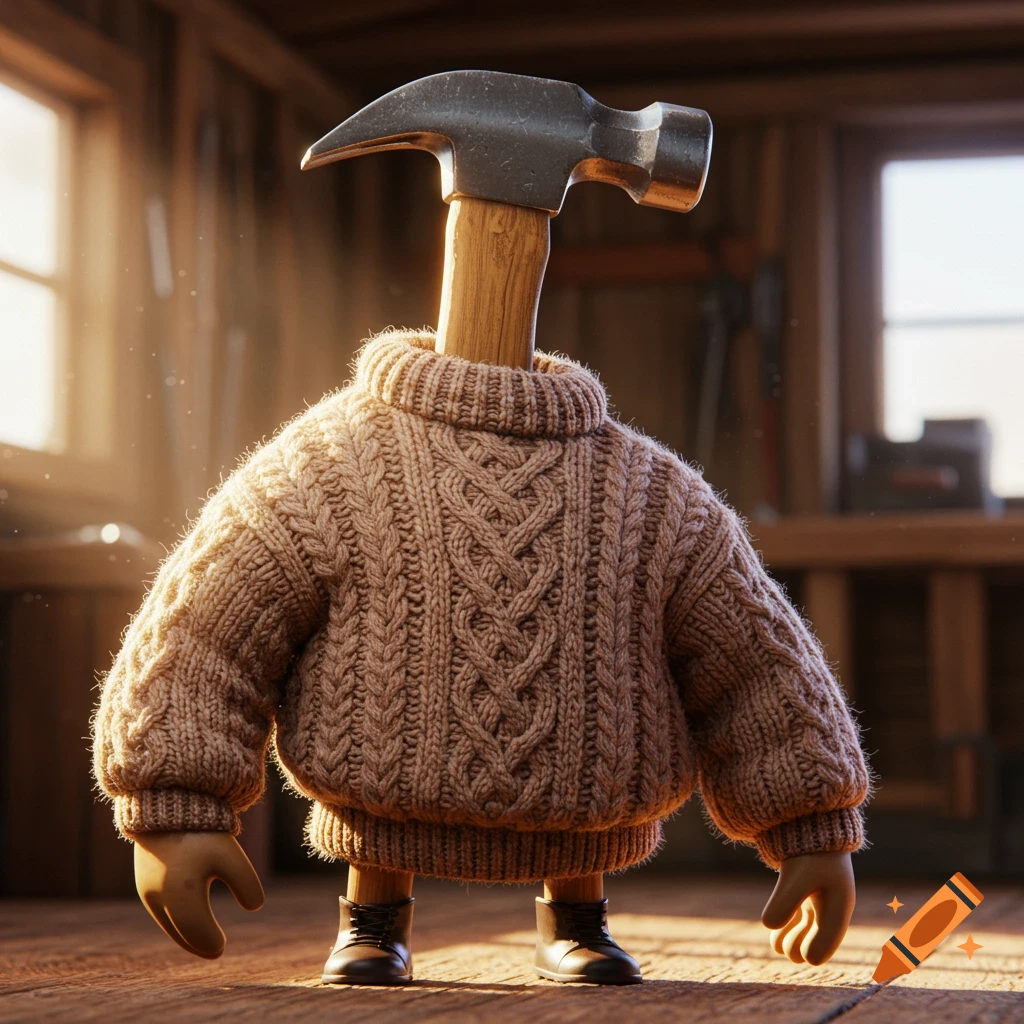A stylized hammer with a wooden handle and head, wearing a chunky beige cable-knit sweater, small boots, and cartoon hands, in a sunlit workshop.