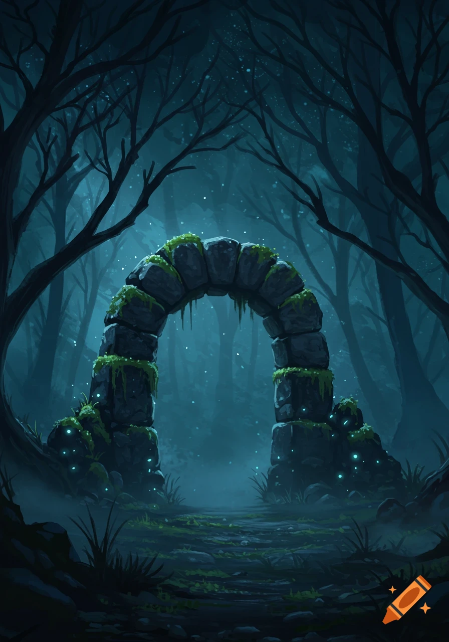 A moss-covered stone arch glows subtly in a dark, mystical forest at night, with light particles floating around.