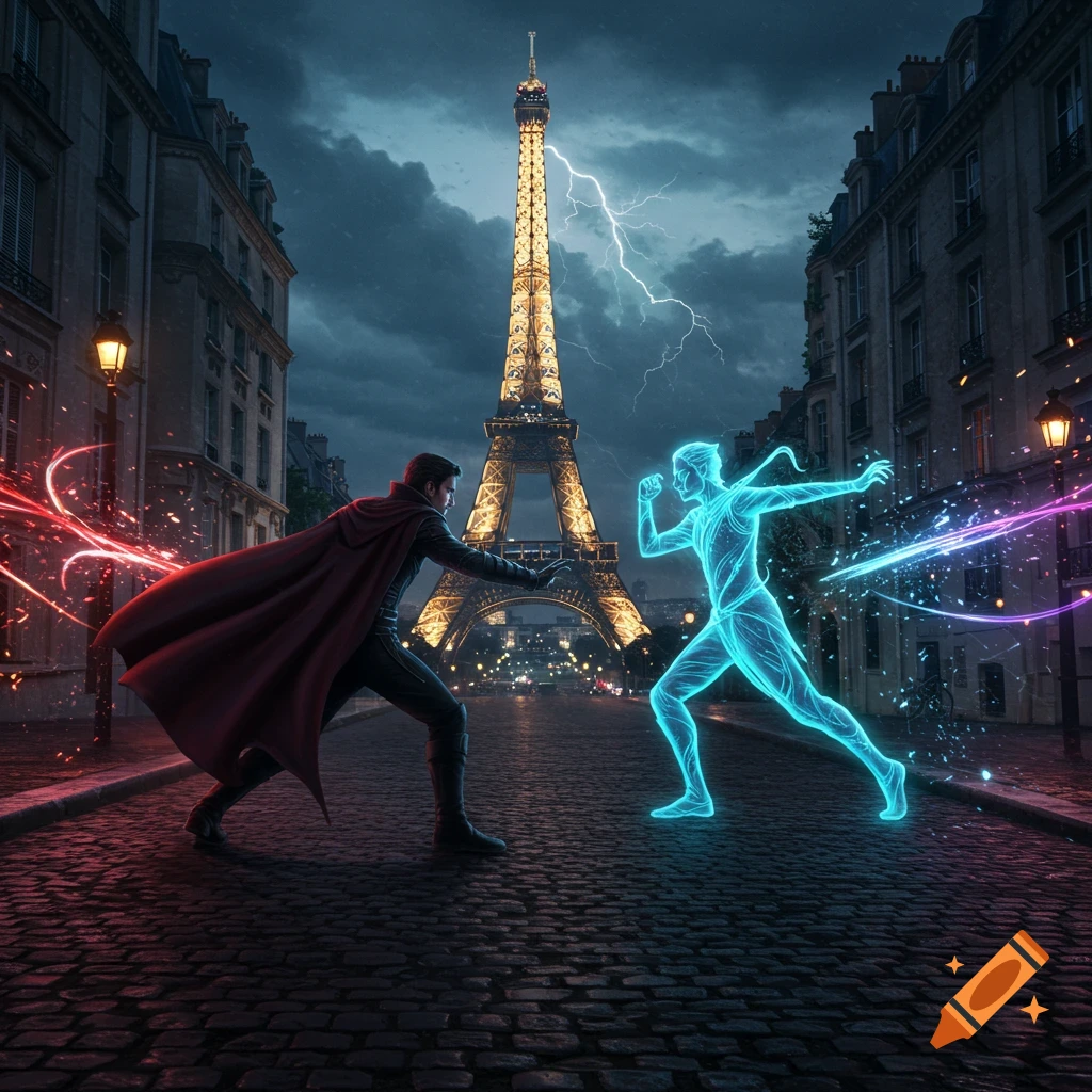 Two figures, one in a red cape and one glowing blue, clash on a cobblestone street in Paris with the Eiffel Tower and lightning in the background.