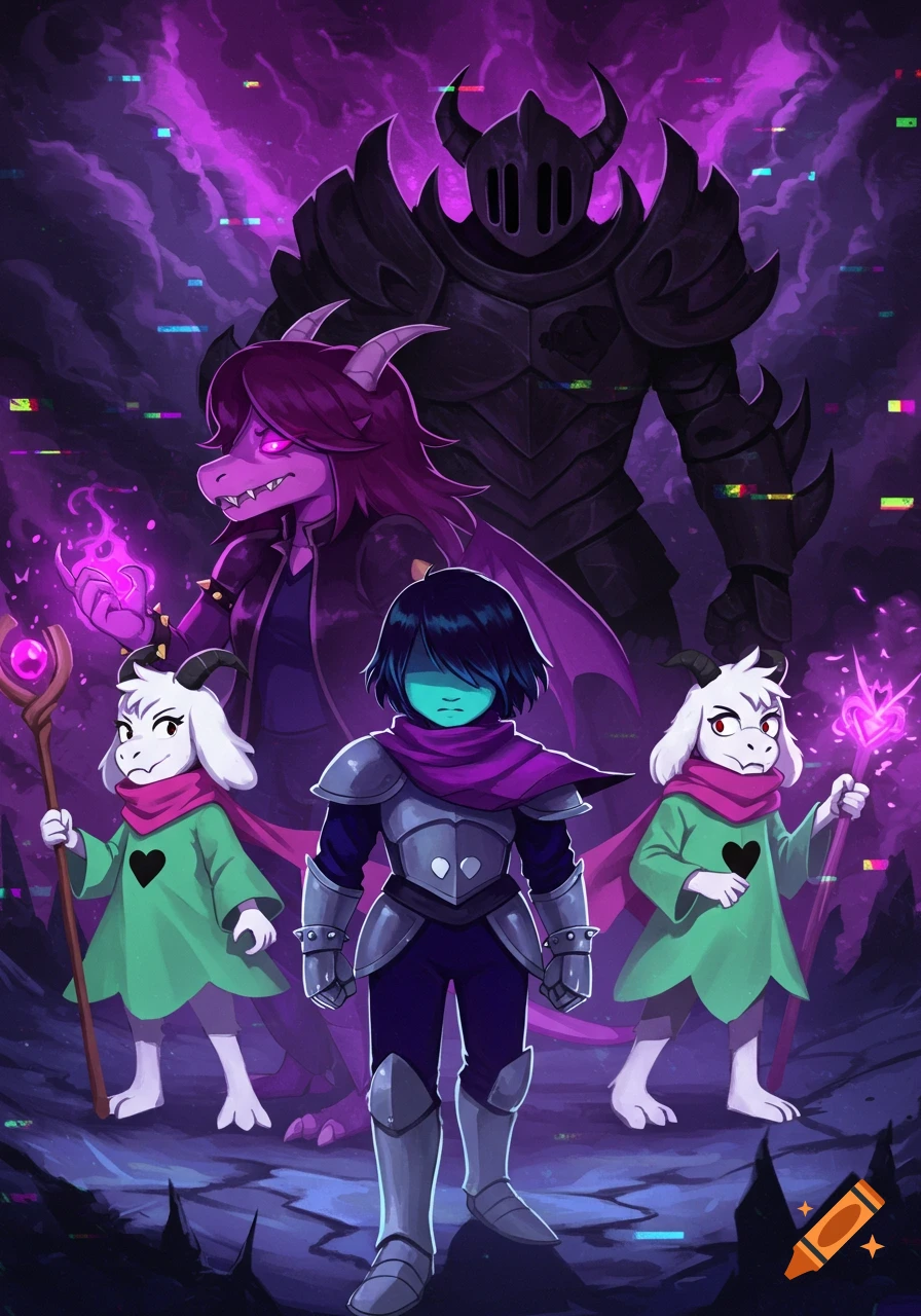 Deltarune characters Kris, Susie, and Ralsei stand in a dark, glitchy purple landscape with the Roaring Knight looming behind.