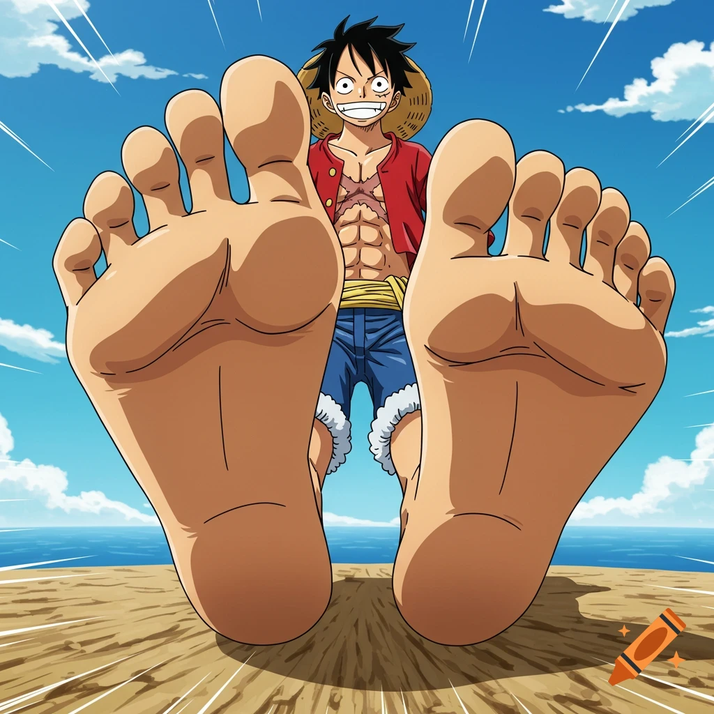 Anime character Monkey D. Luffy from One Piece with a close-up of his bare feet soles on a beach under a blue sky.