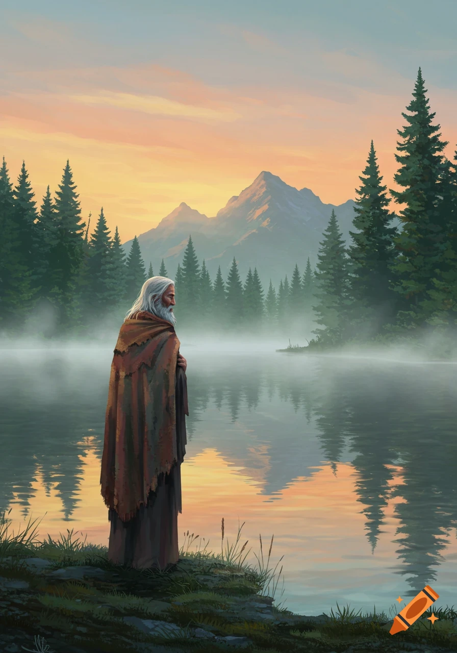 An old man with a long white beard and a cloak stands by a misty lake, gazing at a sunrise over mountains and pine trees.