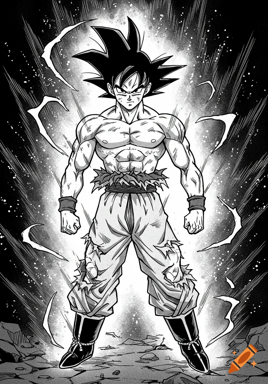 Black and white manga art of Goku powering up, shirtless, with torn pants and glowing energy around him.