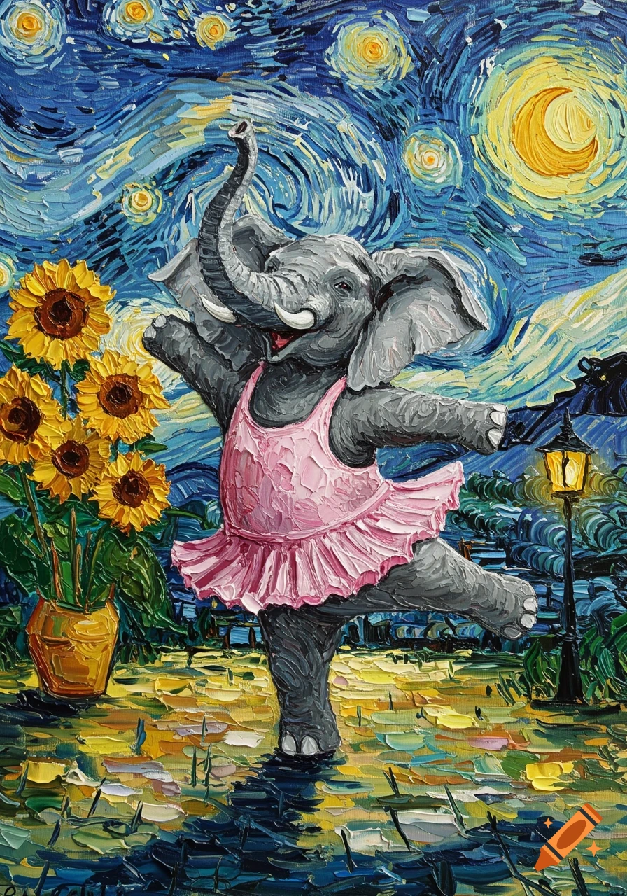 Whimsical Van Gogh style oil painting of an elephant in a pink tutu dancing under a starry night with sunflowers.