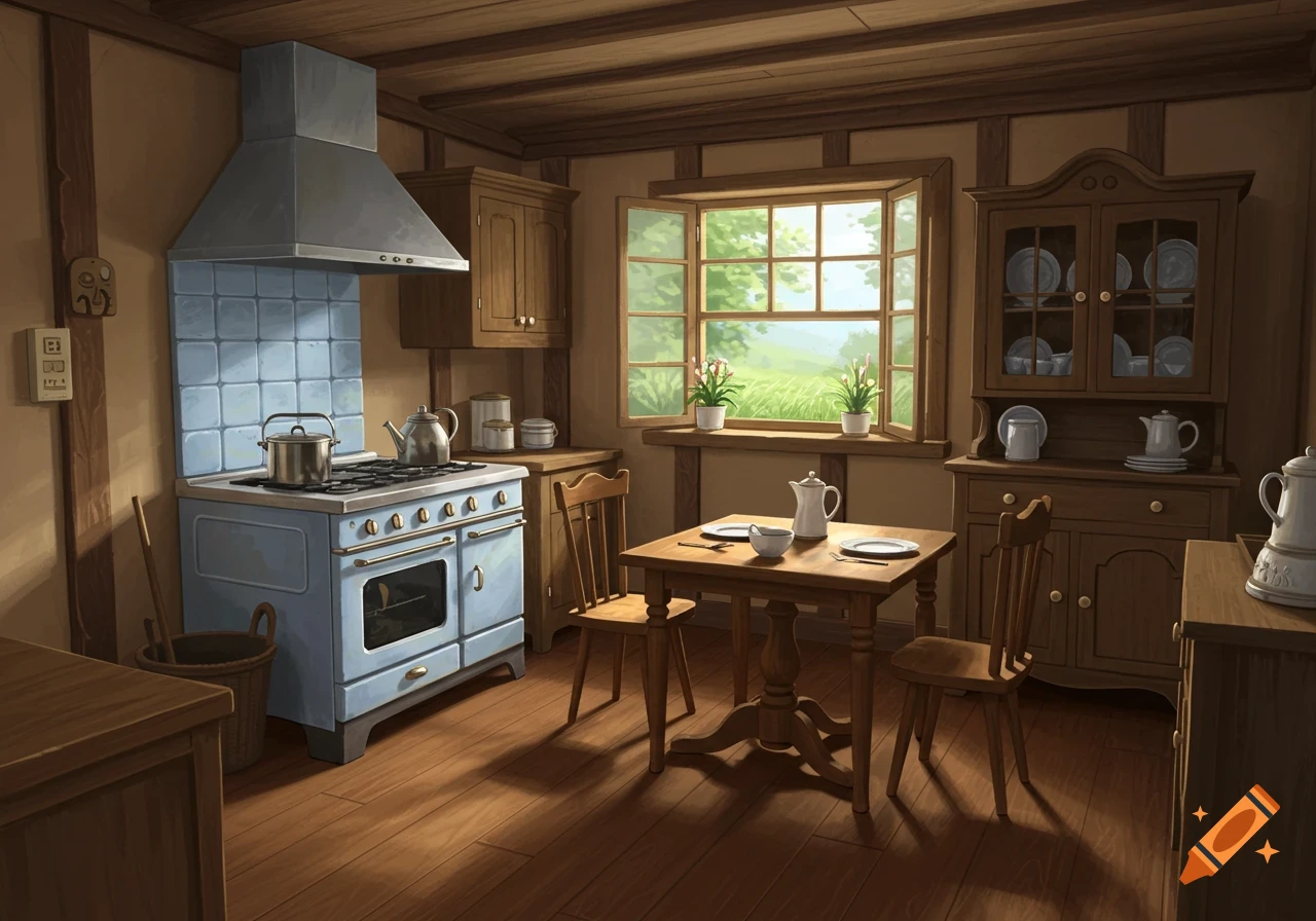 A charming, sunlit, Disney-style illustrated country kitchen with a blue stove, wooden table, and window overlooking a green field.