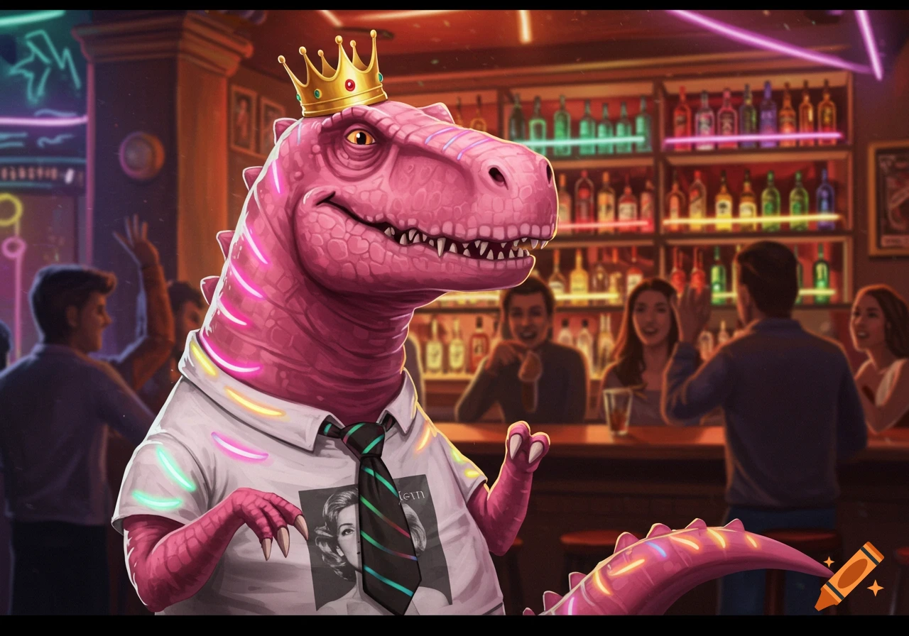 A cheerful pink dinosaur with a crown, white shirt, and striped tie stands in a neon-lit bar.