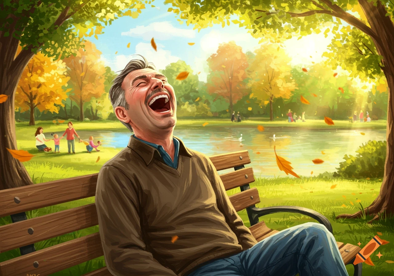 Illustrative image of a man laughing on a park bench in an autumn park with falling leaves and a lake.