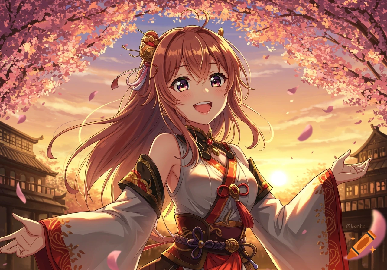 A happy anime girl in traditional attire with arms outstretched, under cherry blossoms at sunset with traditional buildings.