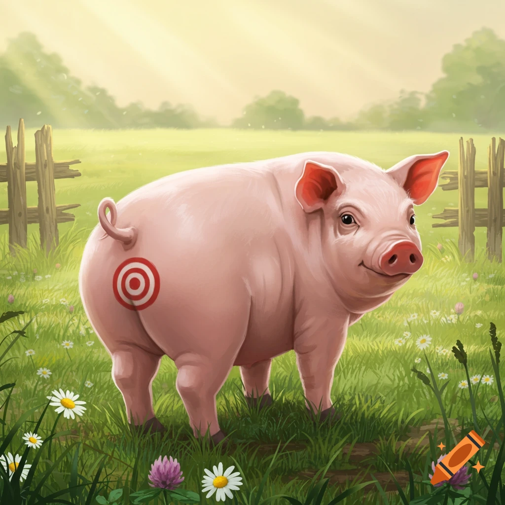 A cute pink pig with a red and white bullseye on its rear stands in a sunny green field with daisies.