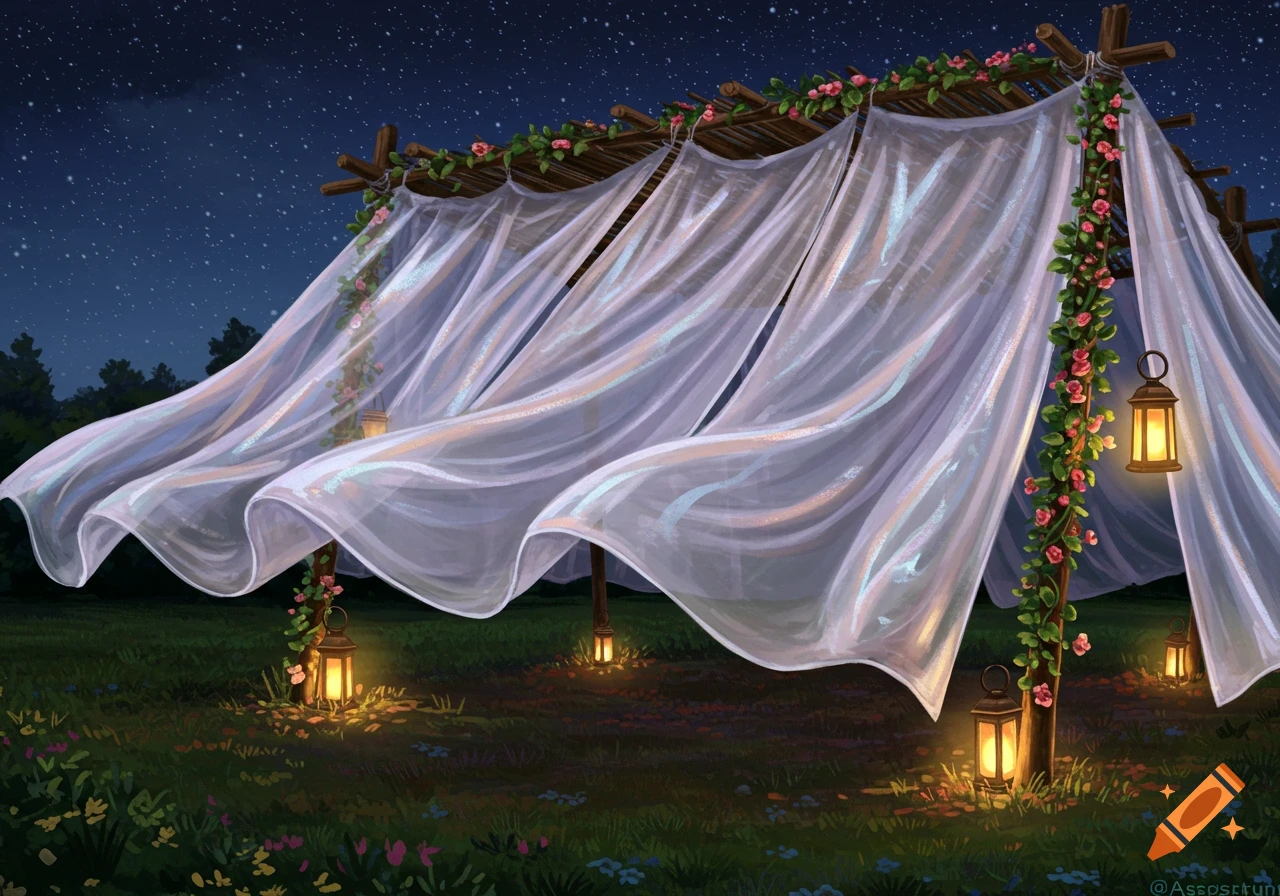 A decorative outdoor canopy with sheer white fabric and pink roses, illuminated by hanging lanterns, in a dark, starry garden at night.