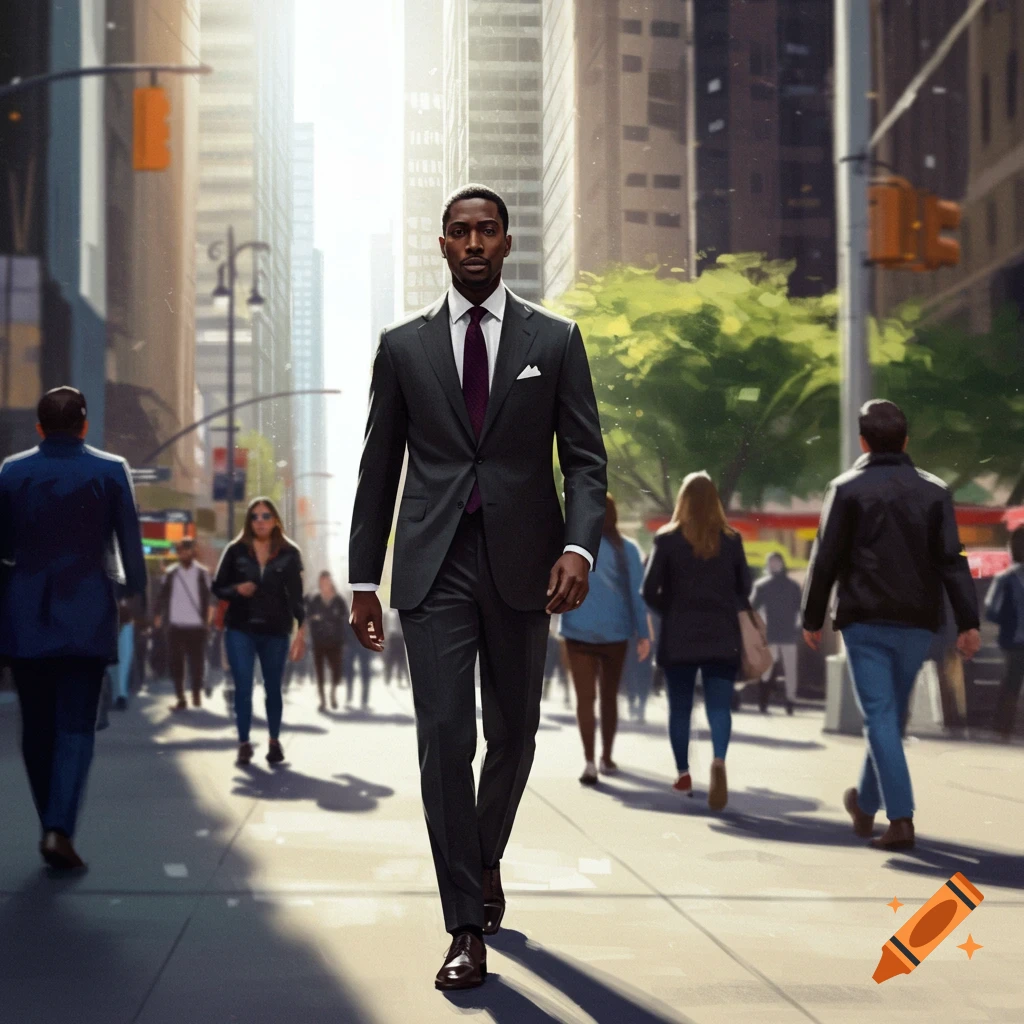 A photorealistic image of a well-dressed Black man in a dark suit and tie confidently walking down a bustling city street.
