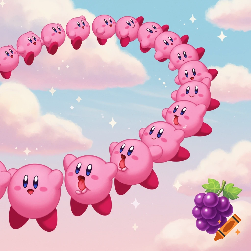 A long chain of pink Kirby characters arcs across a dreamy pastel sky with pink clouds and stars, with a bunch of purple grapes floating nearby.