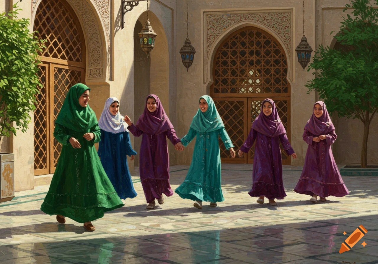 Six young Muslim girls in green, blue, and purple hijabs walk smiling through an ornate, sunlit courtyard, painted in a realistic style.