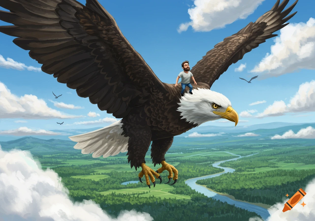 A small bearded man rides on the back of a giant bald eagle soaring over a lush green landscape with a winding river under a blue sky, digital art.