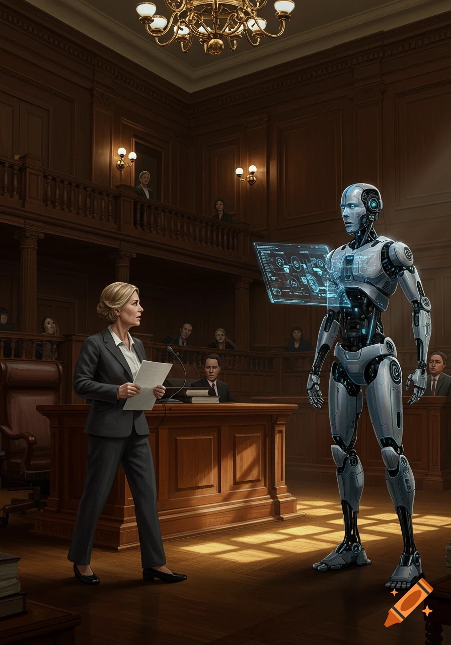 A female attorney stands in a courtroom, holding papers, facing a tall robot displaying holographic data.