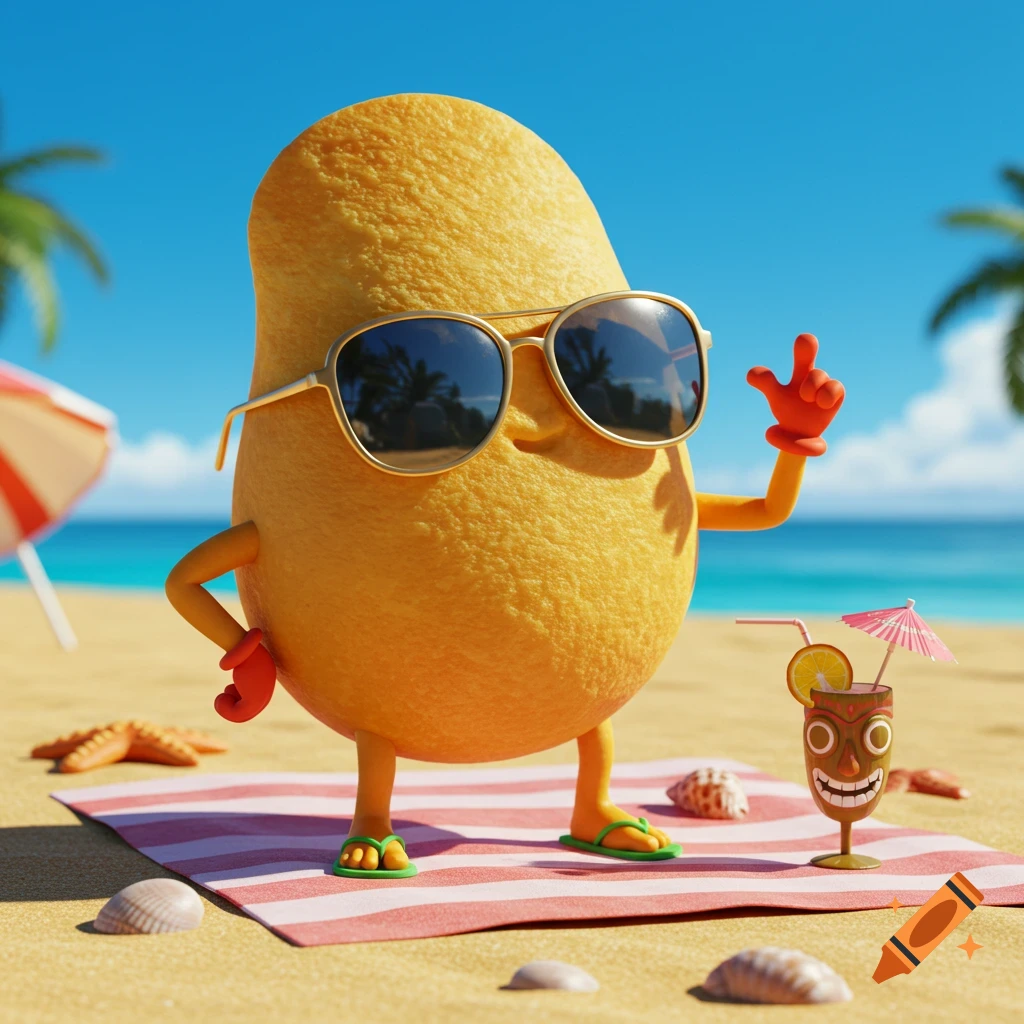 A cartoon potato character wearing sunglasses and flip-flops, posing on a striped beach towel on a sunny beach with a tiki cocktail.
