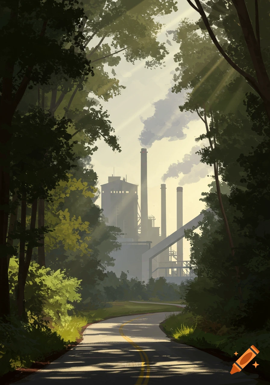 A digital painting of a winding road through a green forest, leading towards a large industrial factory with smoking chimneys under a hazy sky.
