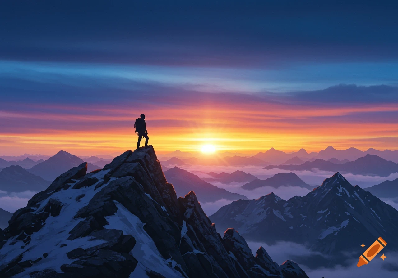 A lone person stands on a snowy mountain peak, silhouetted against a vibrant sunrise over a vast mountain range.