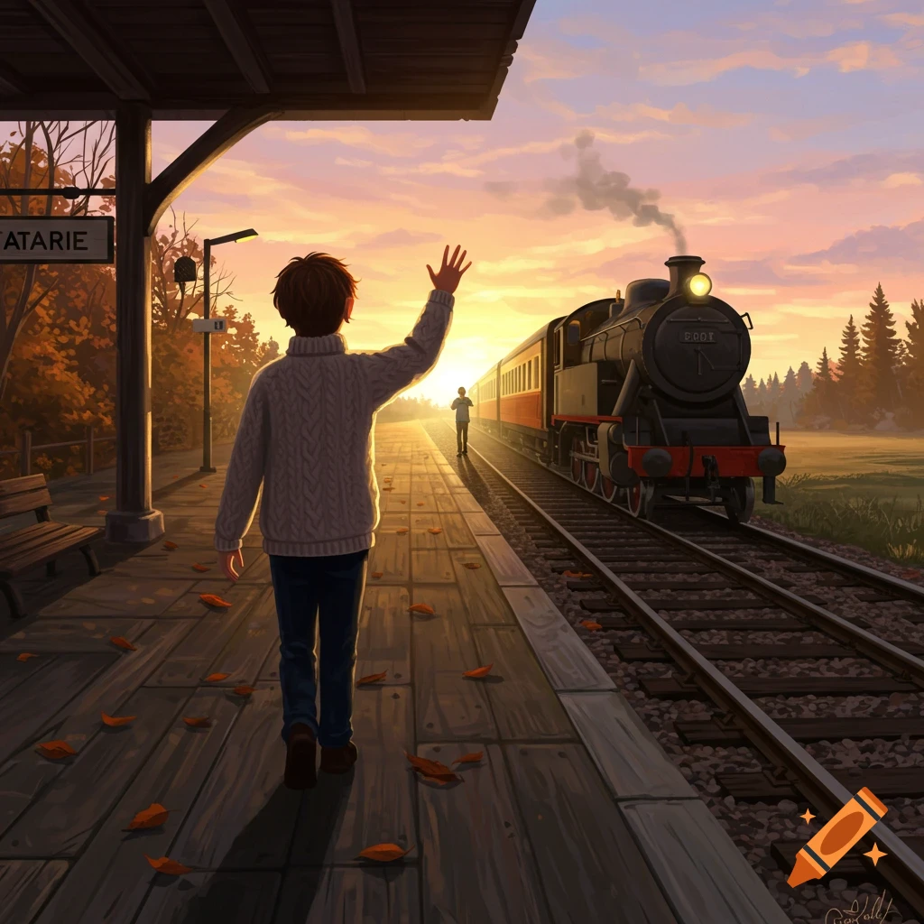 A person waves to another on a train at a station during a vibrant sunset in an illustrated style.