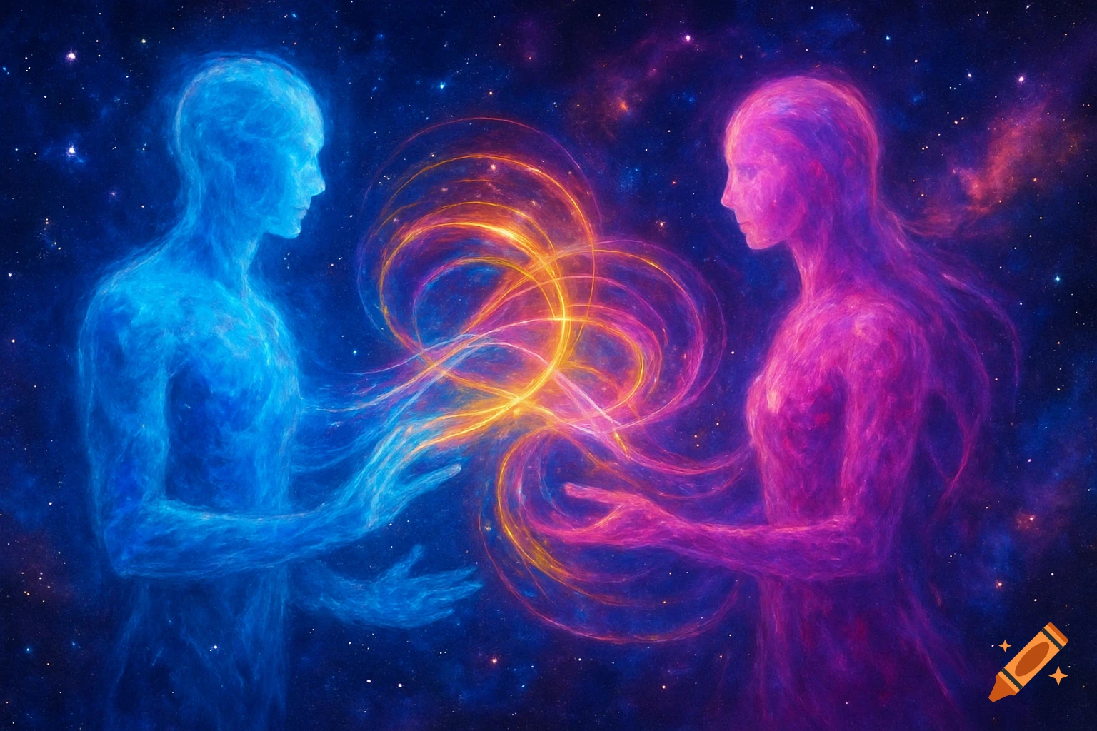 Ethereal blue and pink cosmic figures connect with swirling energy against a starry galaxy.