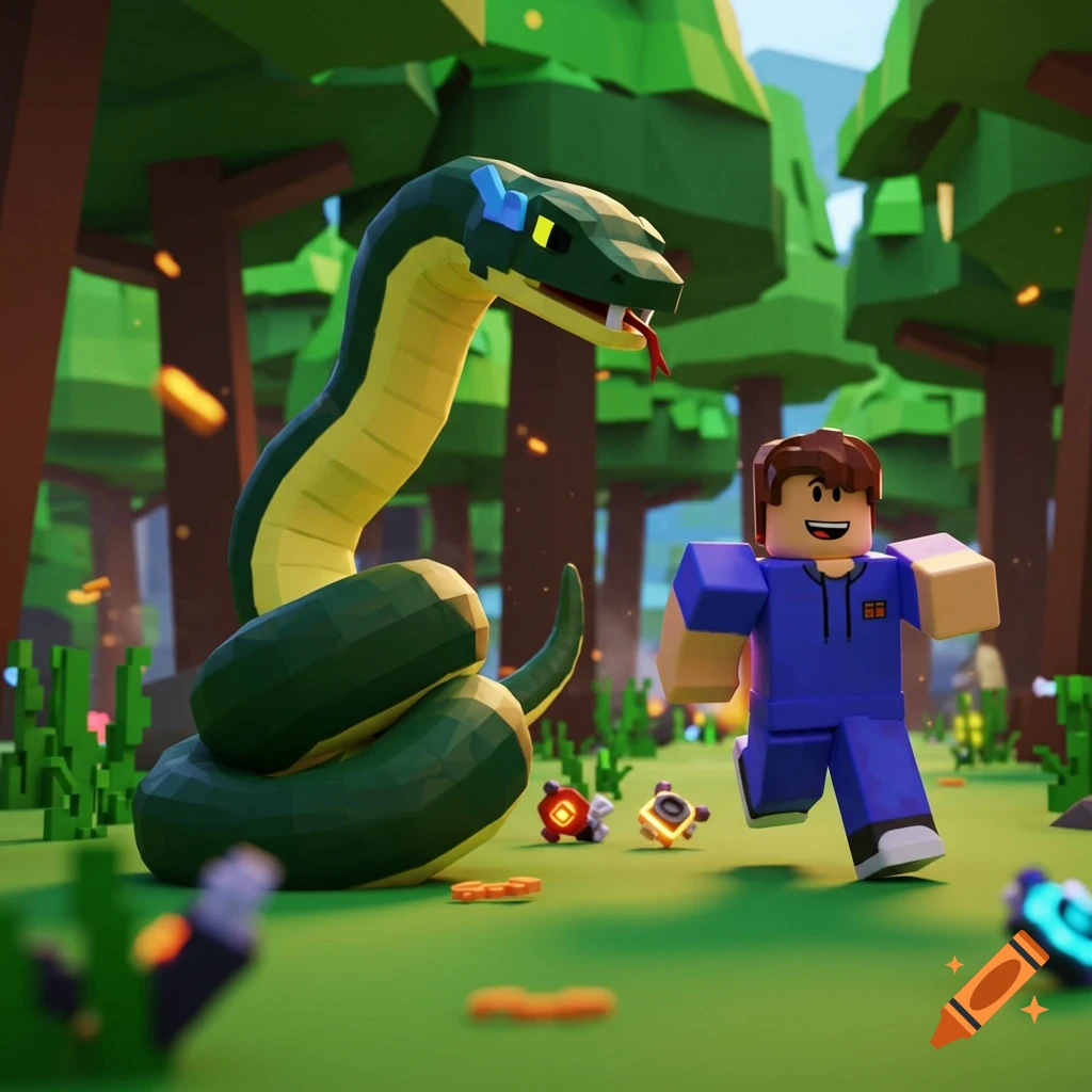 A large green and yellow blocky snake chases a smiling Roblox player through a low-poly forest.