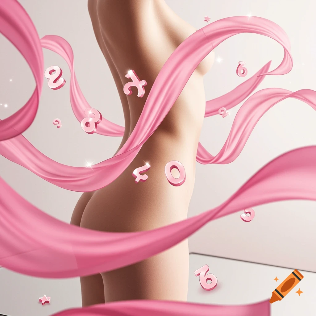 A nude figure with pink ribbons and glossy pink numbers floating around their body on a light background.
