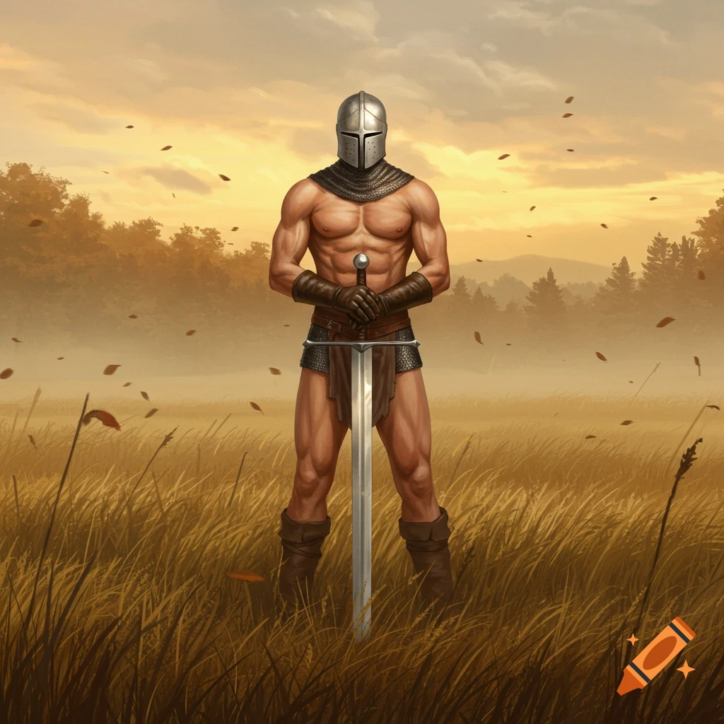 Muscular fantasy warrior in a helmet and minimal armor, holding a sword in a golden field at sunset.