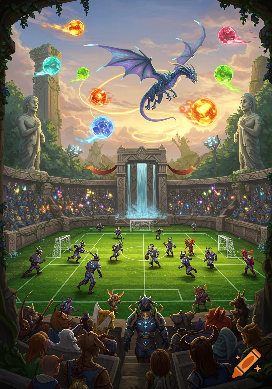 A vibrant fantasy illustration of a football game in an ancient stadium, with various armored creatures playing and watching, and a dragon flying above magic orbs.