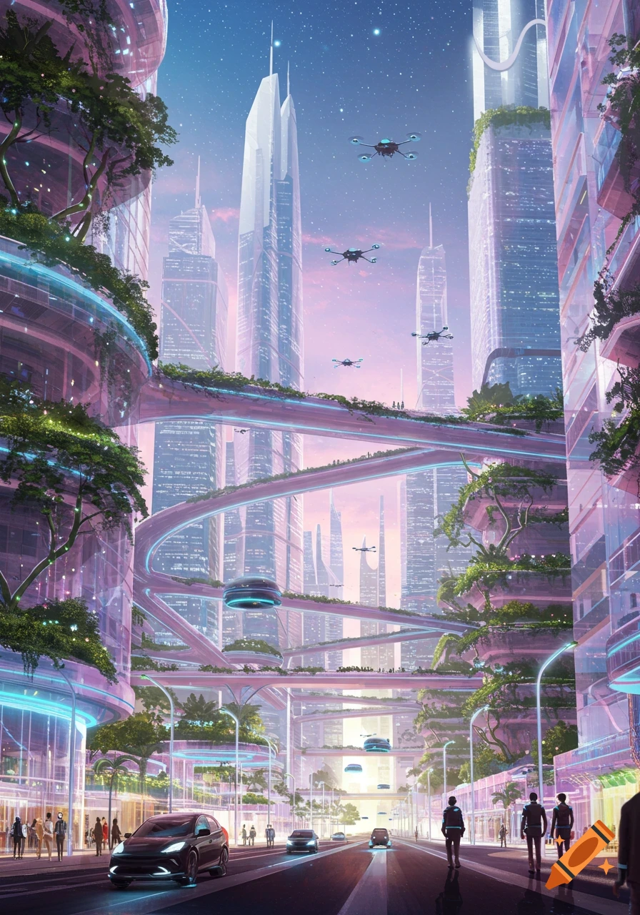 A vibrant futuristic cityscape with towering skyscrapers, lush green sky bridges, flying drones, and glowing street lights at dusk.