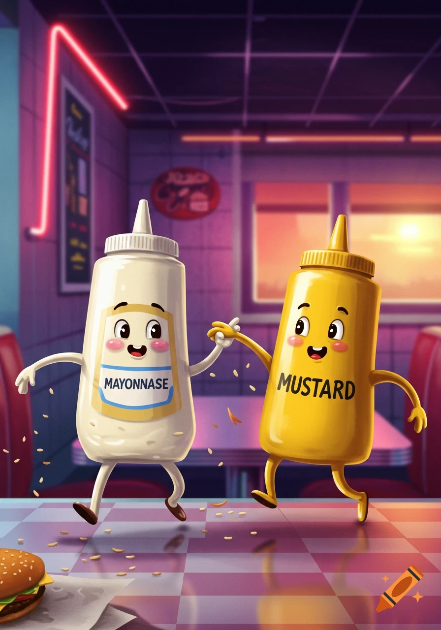 A cartoon mayonnaise bottle and a mustard bottle with smiling faces and legs hold hands while walking across a diner floor, with a burger in the foreground.