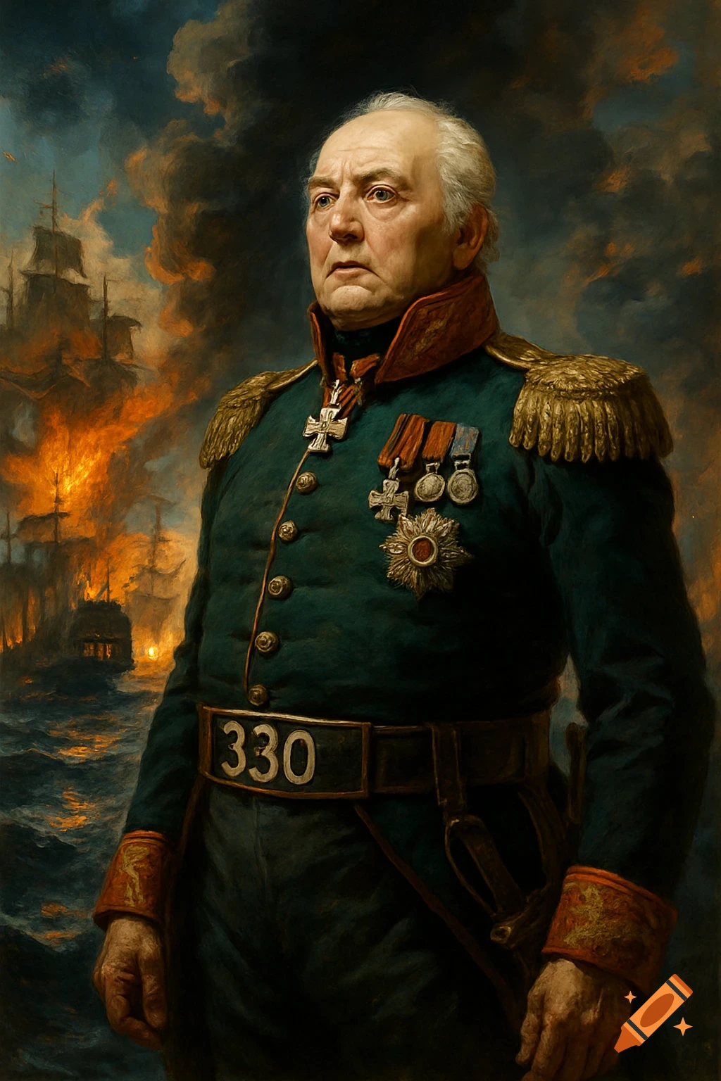 Painterly portrait of an elderly general in uniform with medals, against a dramatic backdrop of burning ships at sea.