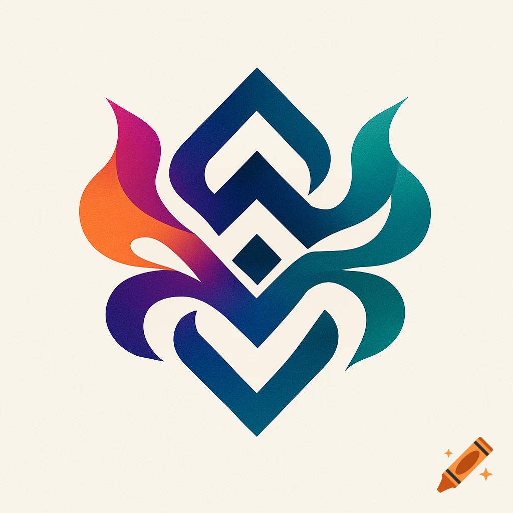A symmetrical, abstract logo with flowing shapes in orange, pink, purple, blue, and teal gradients on a light background.