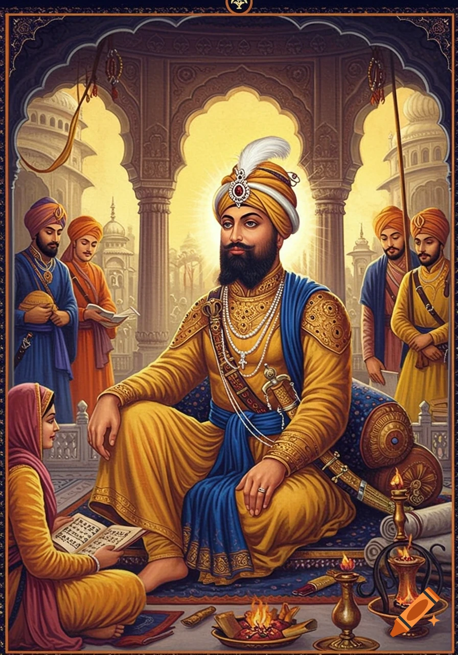 A colorful illustration depicts Guru Gobind Singh Ji in golden robes, seated regally in an ornate hall with followers, one reading a book.