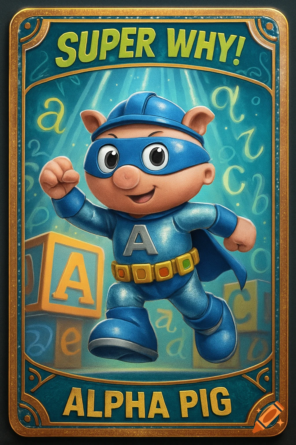 A cartoon pig superhero in a blue suit and mask runs on a trading card with text "SUPER WHY!" and "ALPHA PIG".