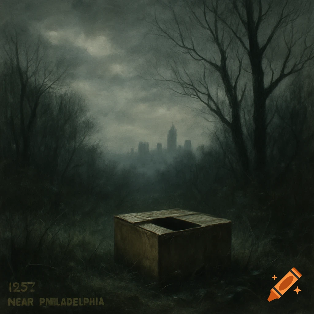 An eerie, misty landscape with a dark city skyline in the distance and bare trees. A wooden box with a hole sits in the foreground.