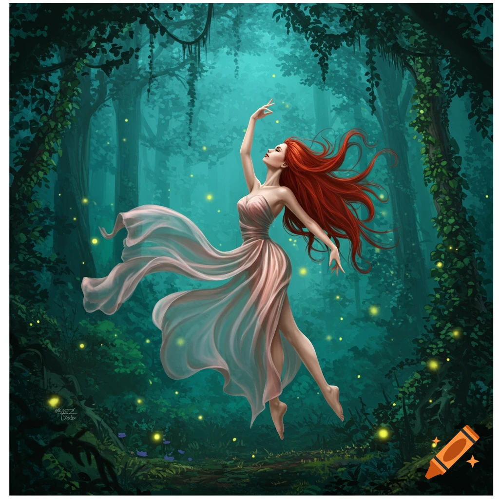 A red-haired woman in a flowing dress dances gracefully in a mystical green forest with glowing fireflies at night.