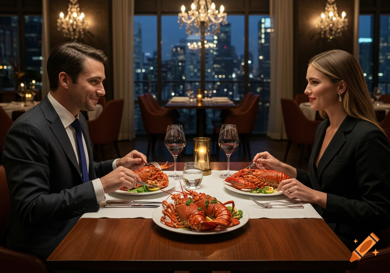 Two well-dressed people enjoying a lobster dinner at a high-end restaurant with a city skyline view at night.