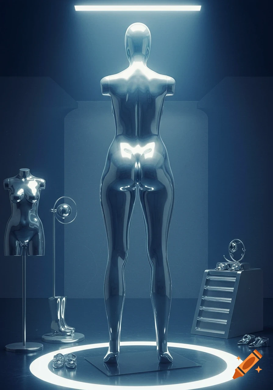 Metallic female mannequin seen from behind in a futuristic, dimly lit room with glowing accents and other chrome accessories.