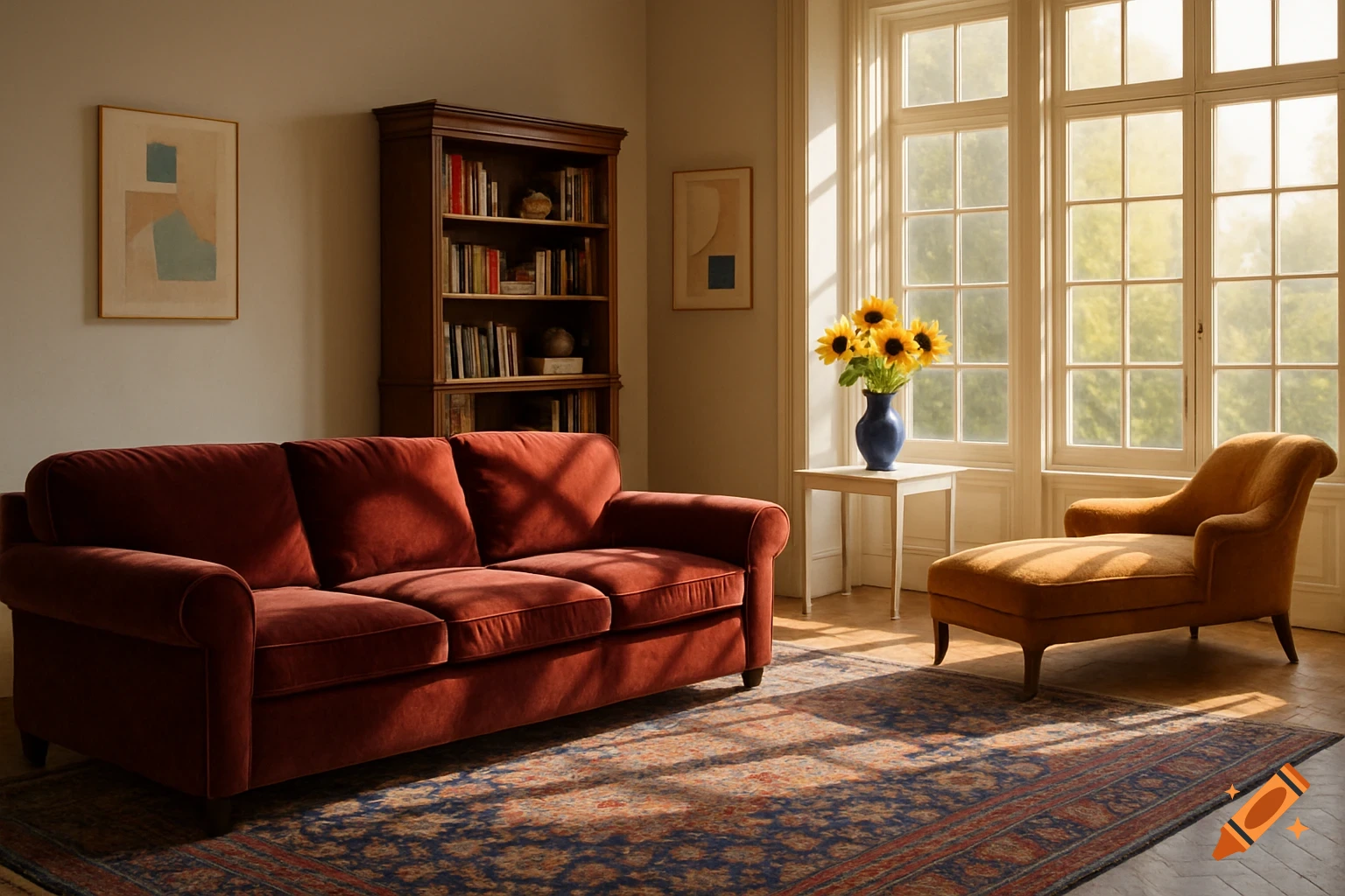 A sunlit living room with a red velvet sofa, orange chaise lounge, tall bookshelf, and a vase of sunflowers by a large window.