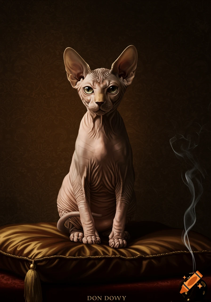 A regal Sphynx cat with green eyes sits on a golden velvet cushion against a dark patterned background, with smoke rising from a decorative object.
