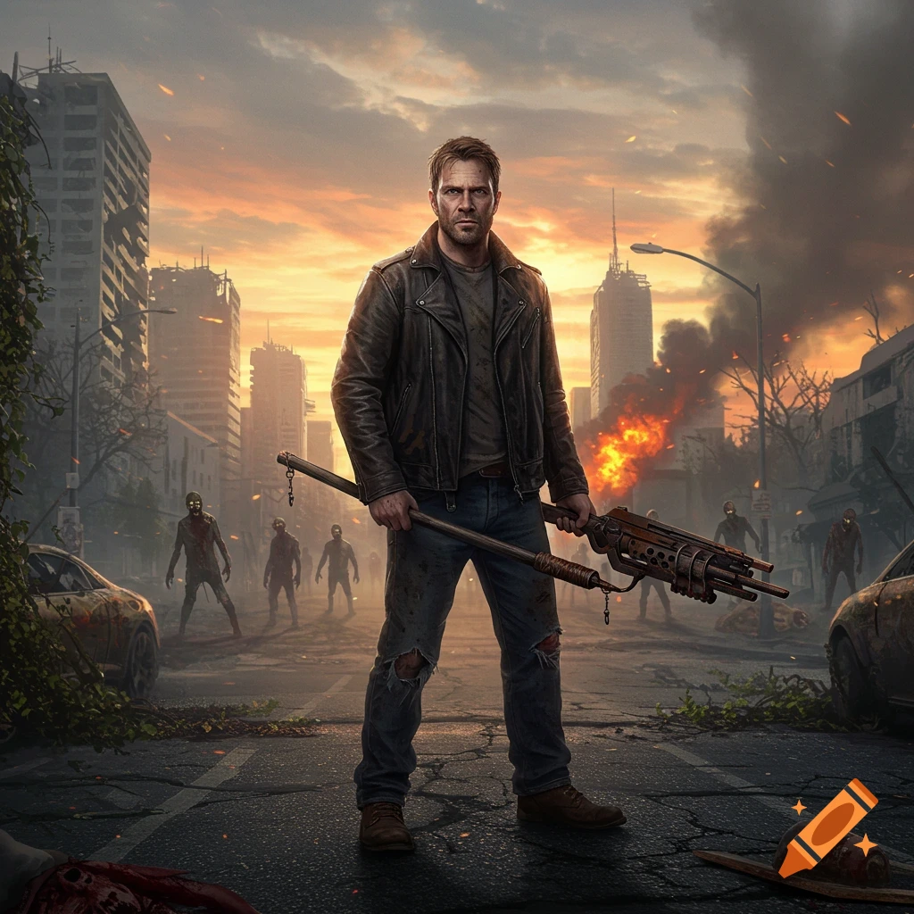 A photorealistic image of a man holding a large weapon, standing in a ruined city street with zombies and burning buildings at sunset.