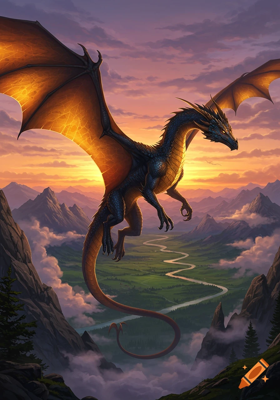 A majestic dark dragon with glowing orange wings flies over a verdant mountain valley with a winding river at sunset.