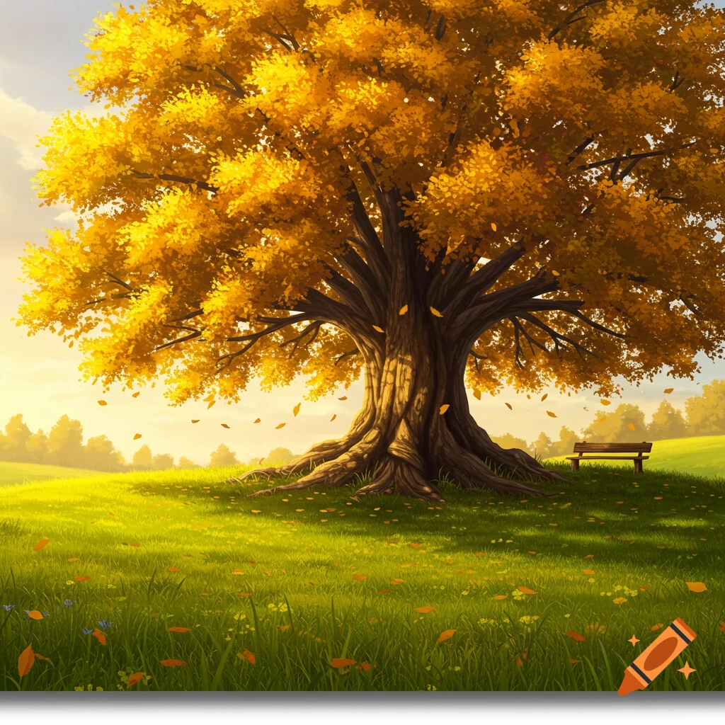 A vibrant illustration of a large autumn tree with yellow leaves, in a green field with a wooden bench, under a bright sky.