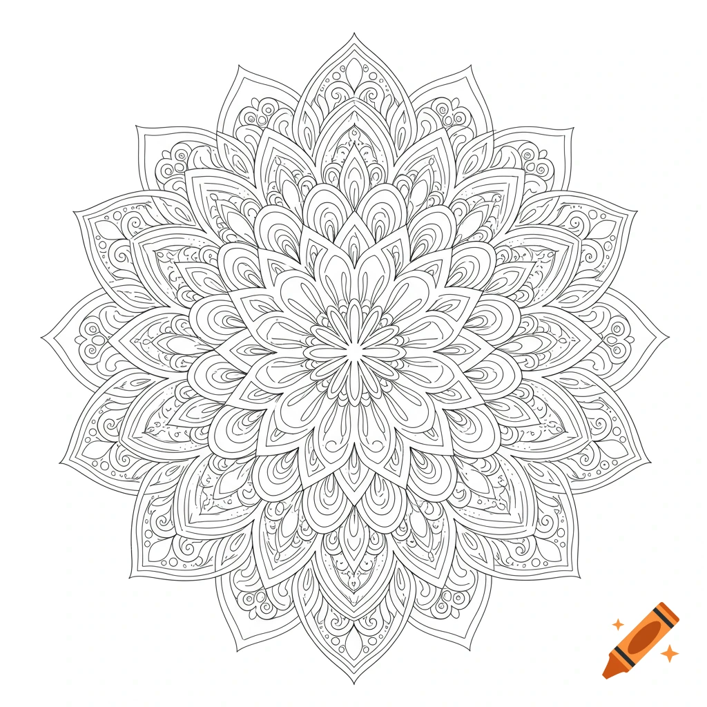 Intricate black and white line art mandala design, perfect for a coloring page.