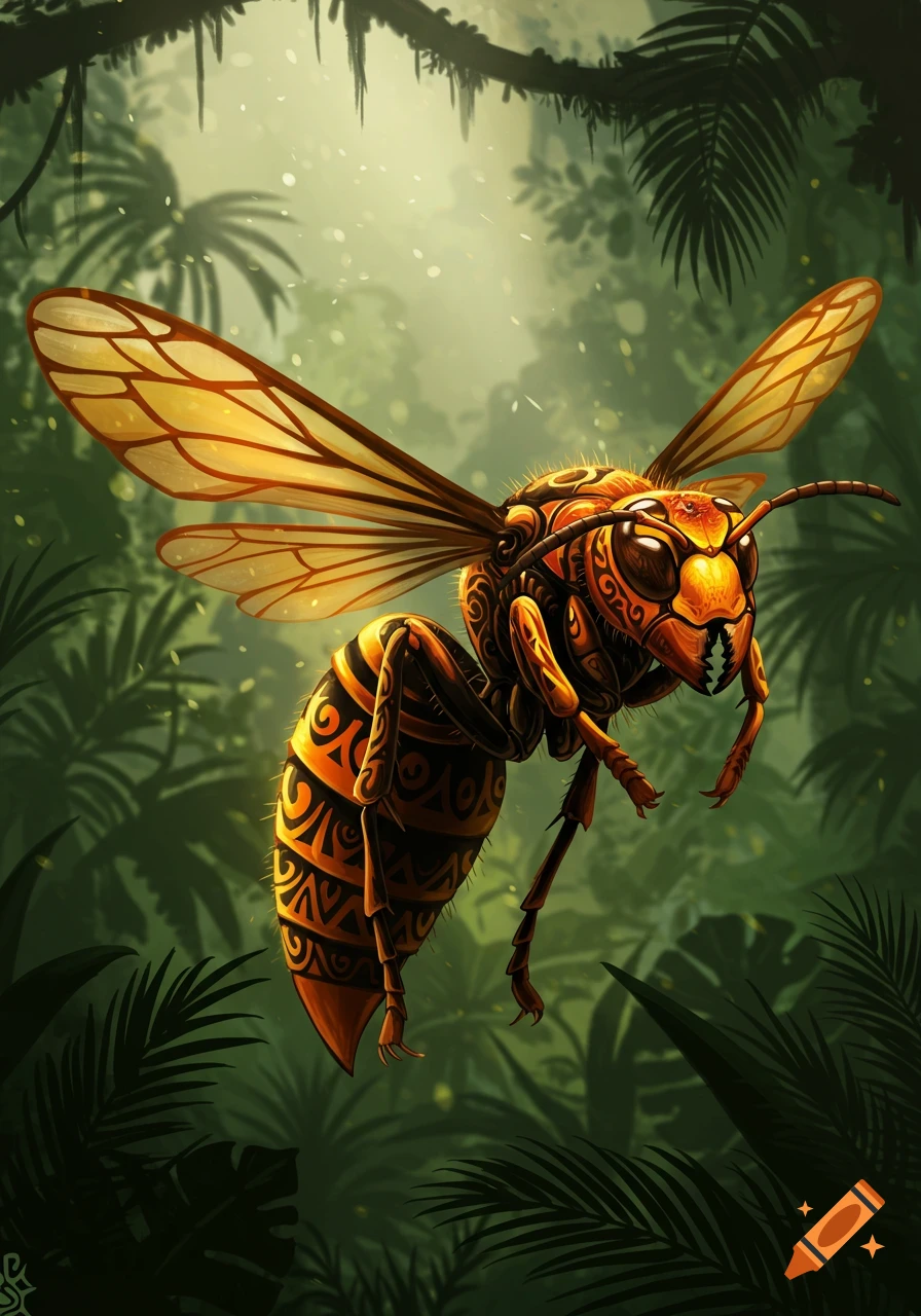 A detailed illustration of a tribal-patterned hornet flying in a lush, green jungle with sunlight filtering through leaves.